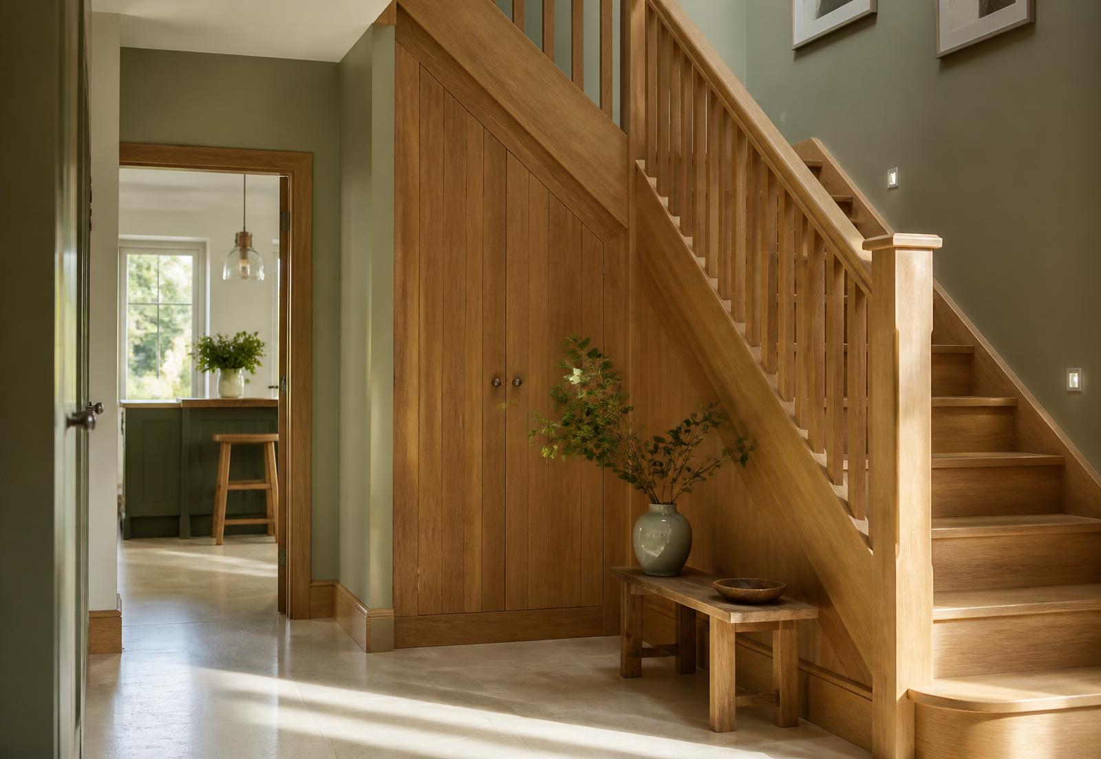 Handmade oak staircase and fitted joinery in a hallway